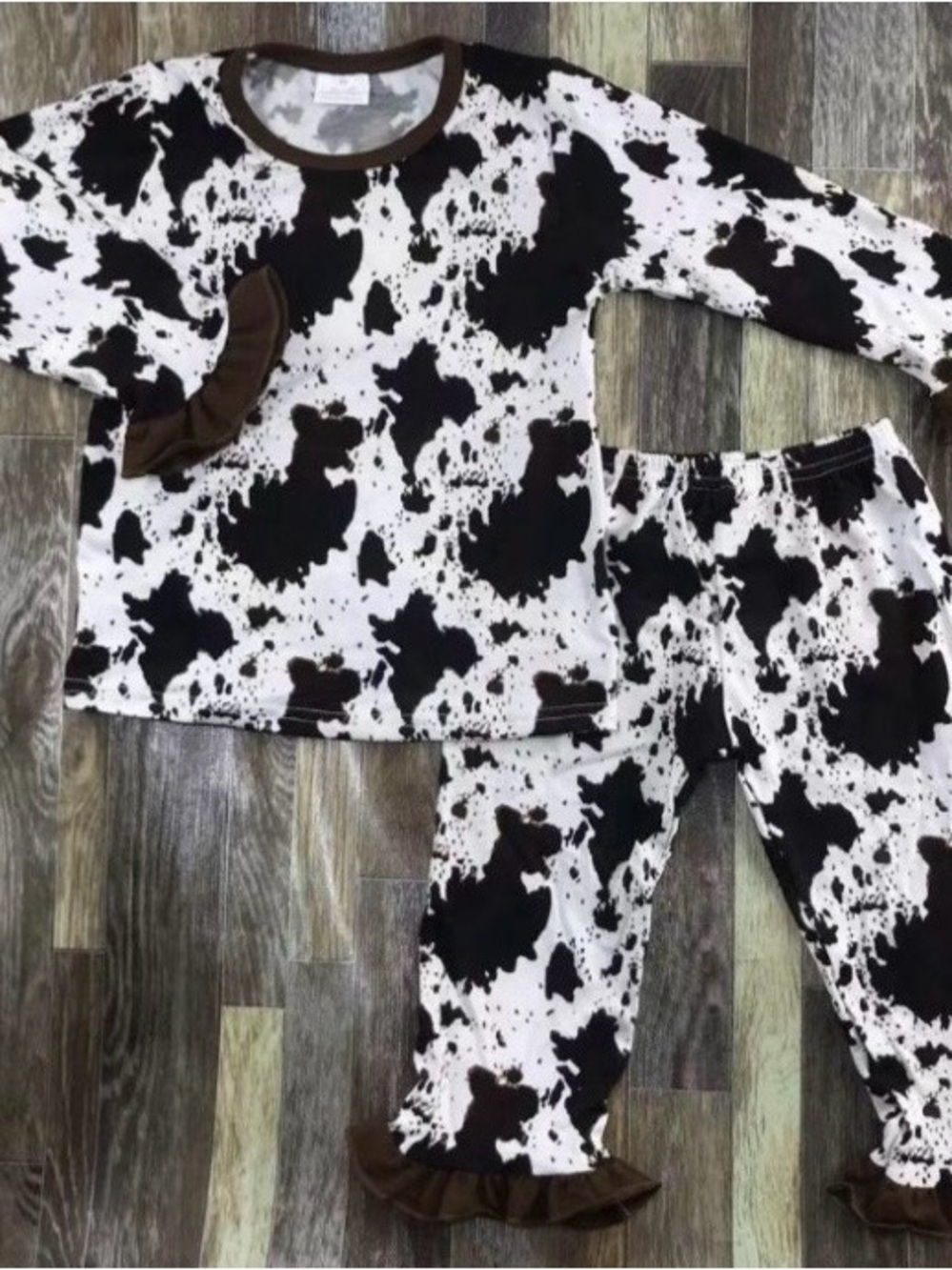 BAMBOO Black and White Cow Print Kids Pajama Set with Brown Trim